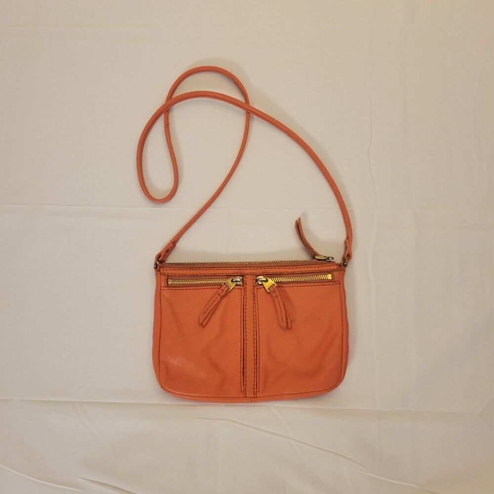 Vintage Fossil Elise Double Zip Leather Crossbody Bag – Coral Orange